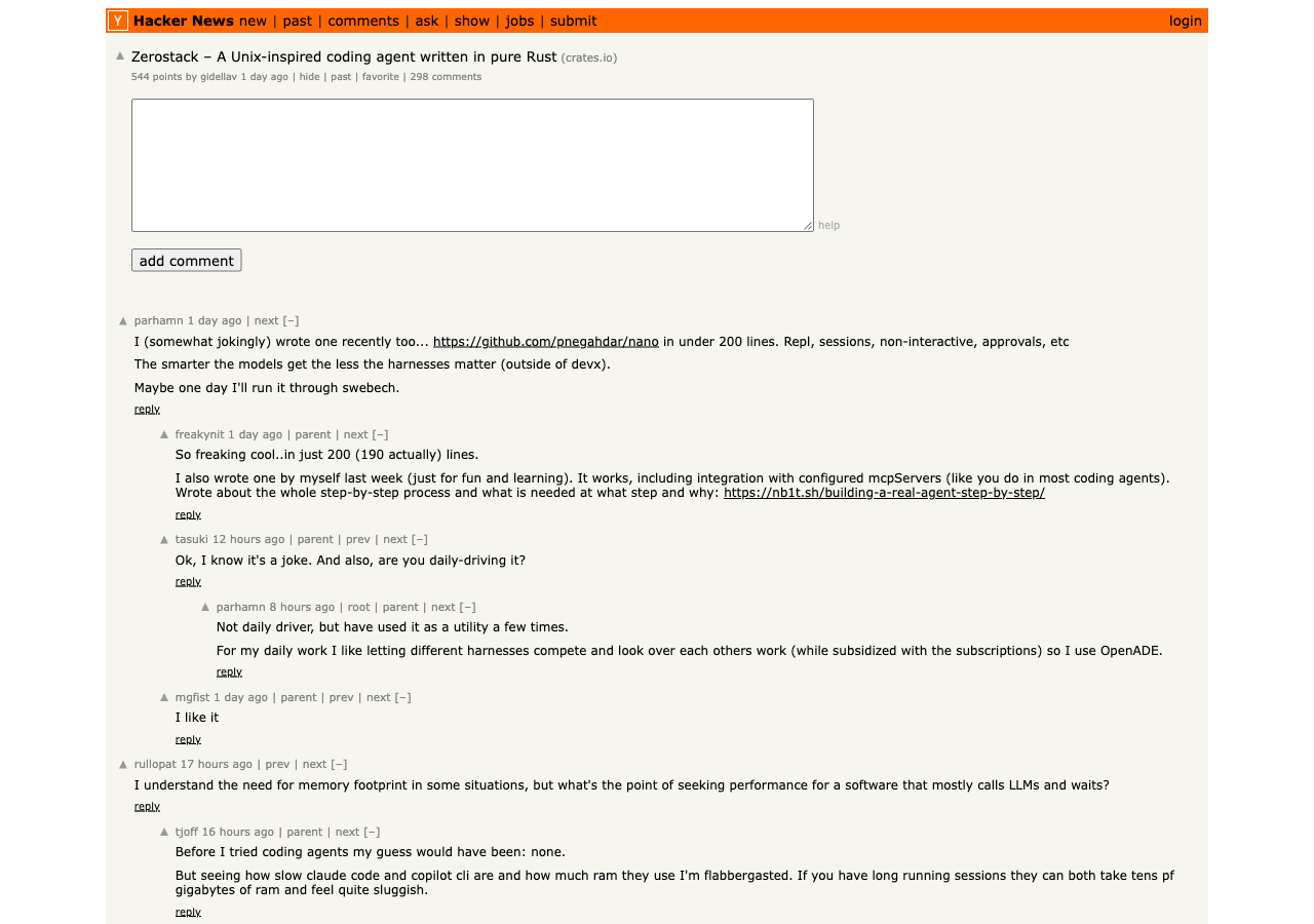 Hacker News thread: Zerostack — A Unix-inspired coding agent written in pure Rust, May 2026