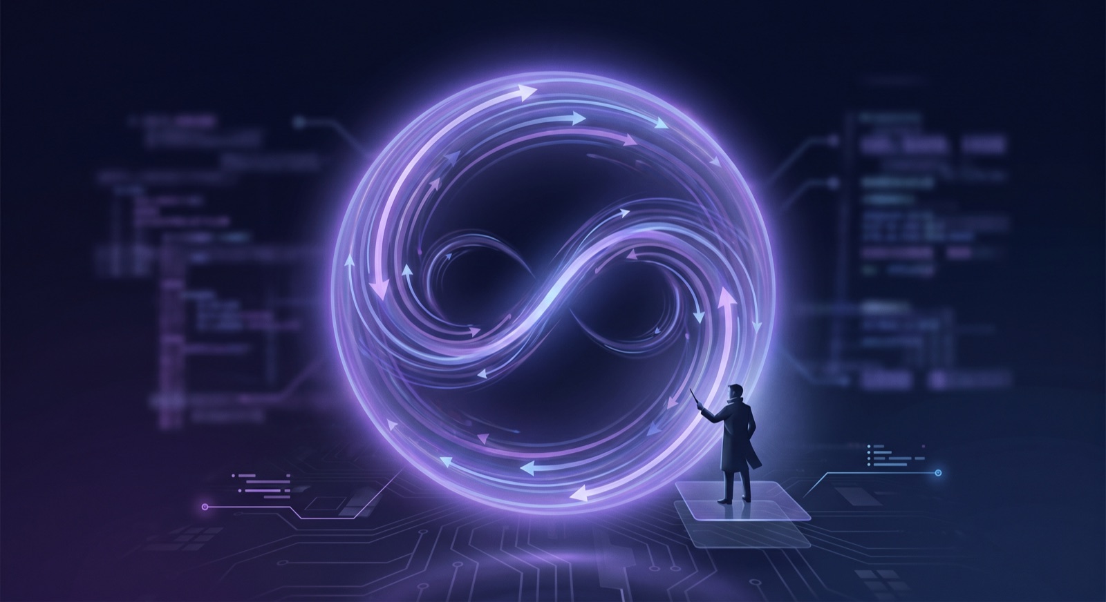 A glowing infinite loop of code and arrows feeding back into itself, with a lone engineer standing outside the loop, conducting it