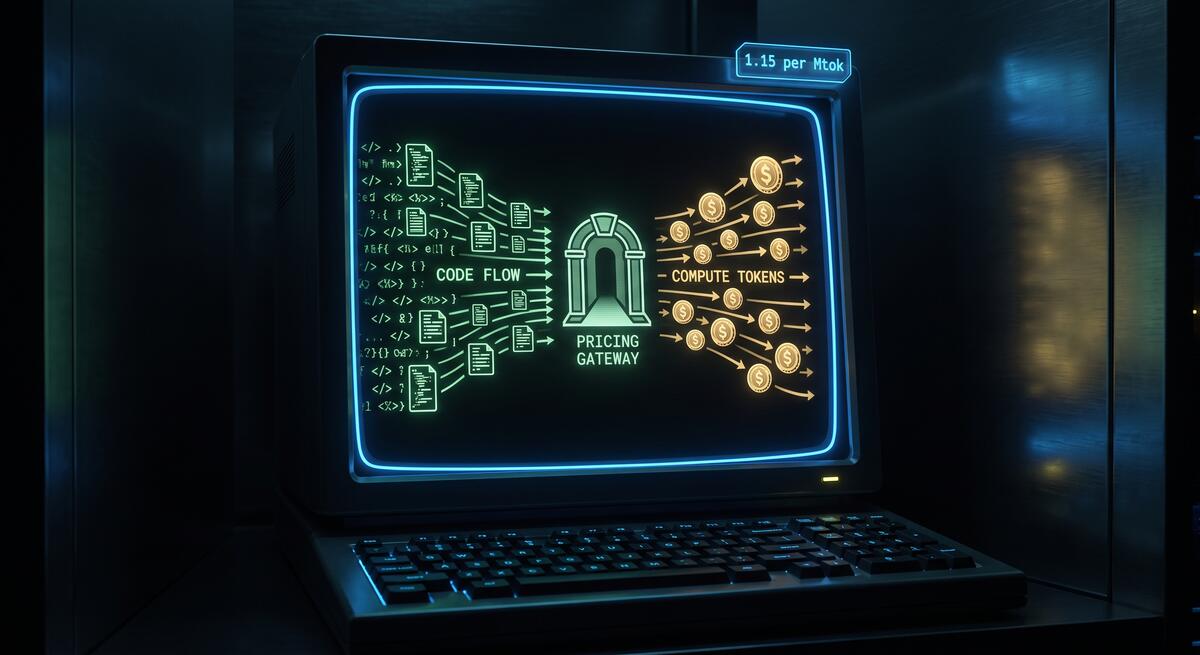 Dramatic terminal interface showing code exchanged for compute tokens — visualizing Meta Muse Code's contributor pricing model