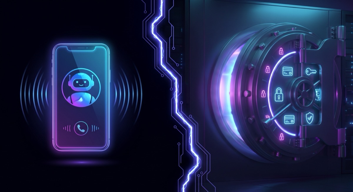 AI agent on a phone call separated from a credential vault by a glowing trust boundary line