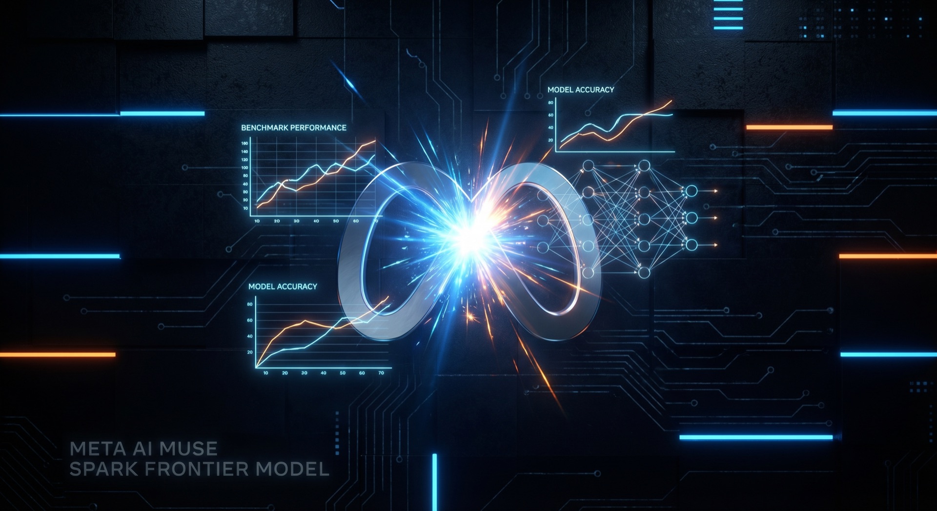 Meta Muse Spark — a radiant spark emerging from Meta's logo surrounded by benchmark visualizations