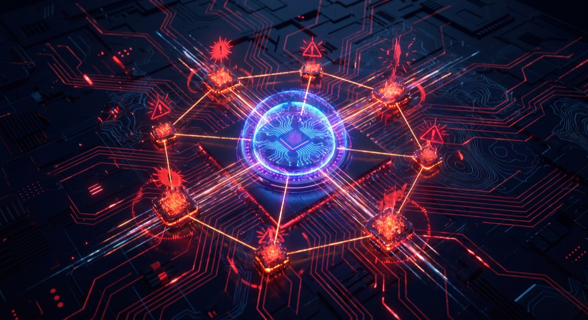 Dark cybersecurity visualization showing malicious proxy nodes intercepting data streams around a frontier AI model API endpoint with red warning accents