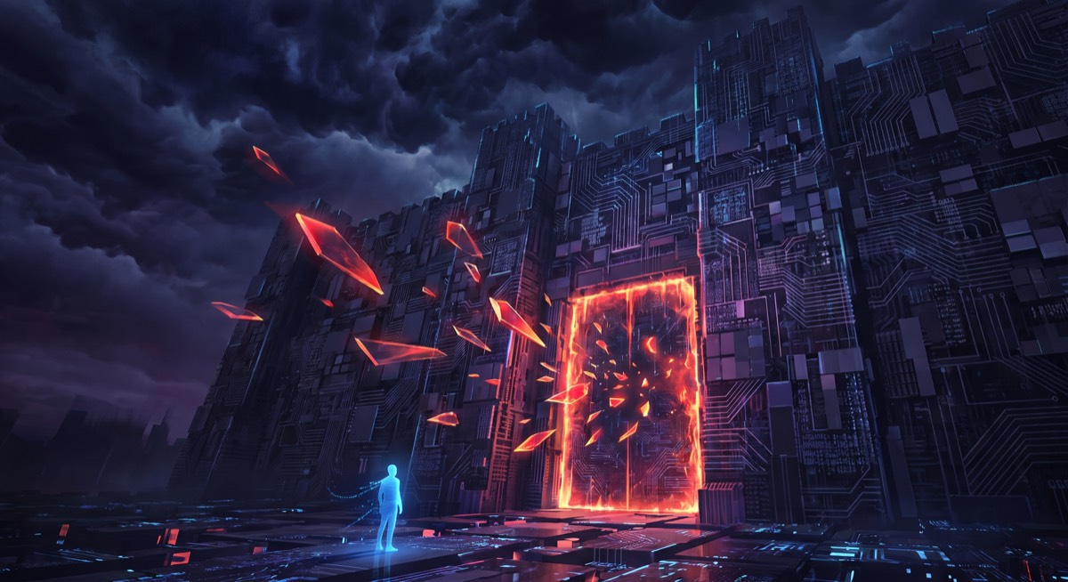 Dark digital authorization gateway with glowing OAuth tokens being rejected, representing the authorization wall autonomous agents face