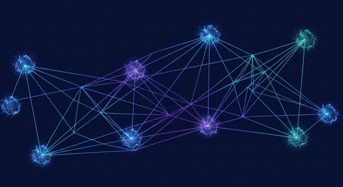 Abstract visualization of interconnected agent harness nodes with MCP connectors and subagent orchestration