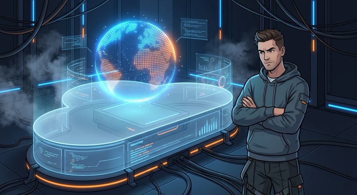 A glowing AI dot agent floating above a cloud computer, with a skeptical engineer watching from the foreground — the tension between OpenAI vision and practitioner reality