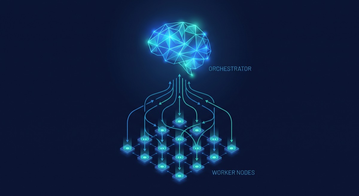 Orchestrator-worker cost stack: Opus brain directing Haiku execution nodes in a dark minimalist tech illustration
