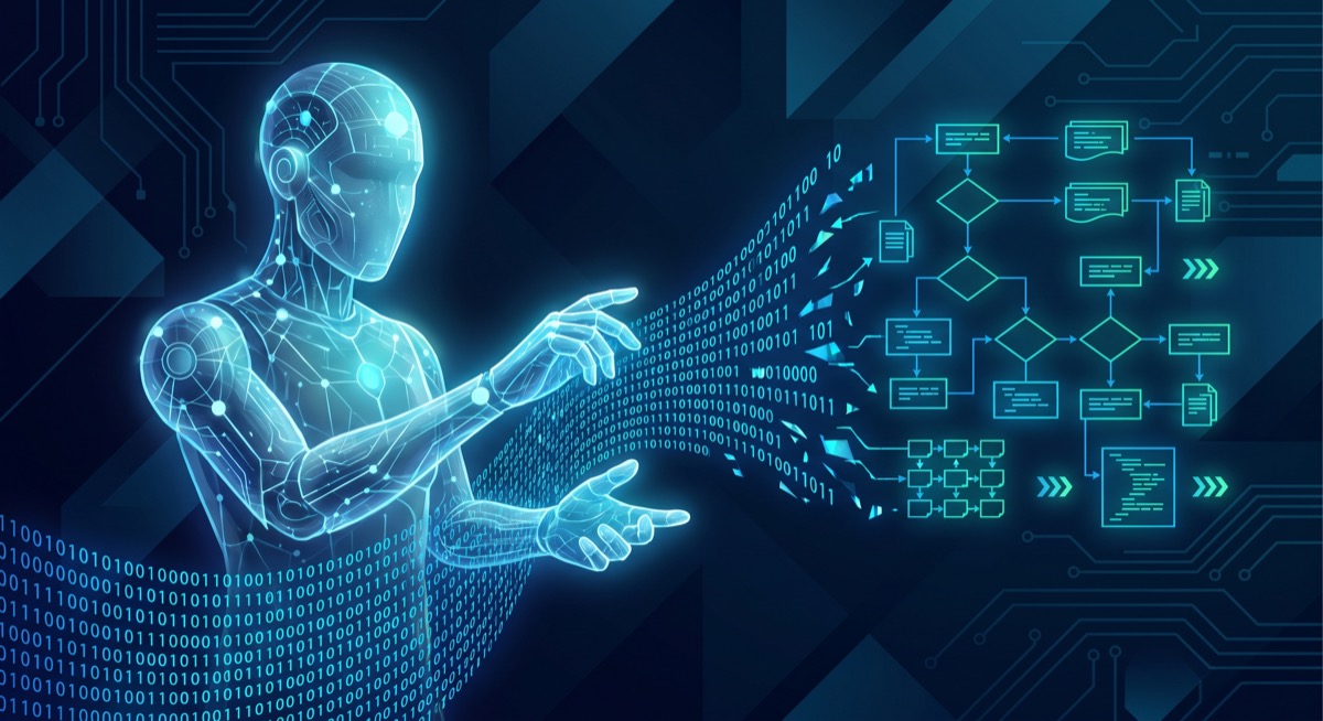 Abstract visualization of binary code being decoded by an AI agent, dark theme with electric blue accents