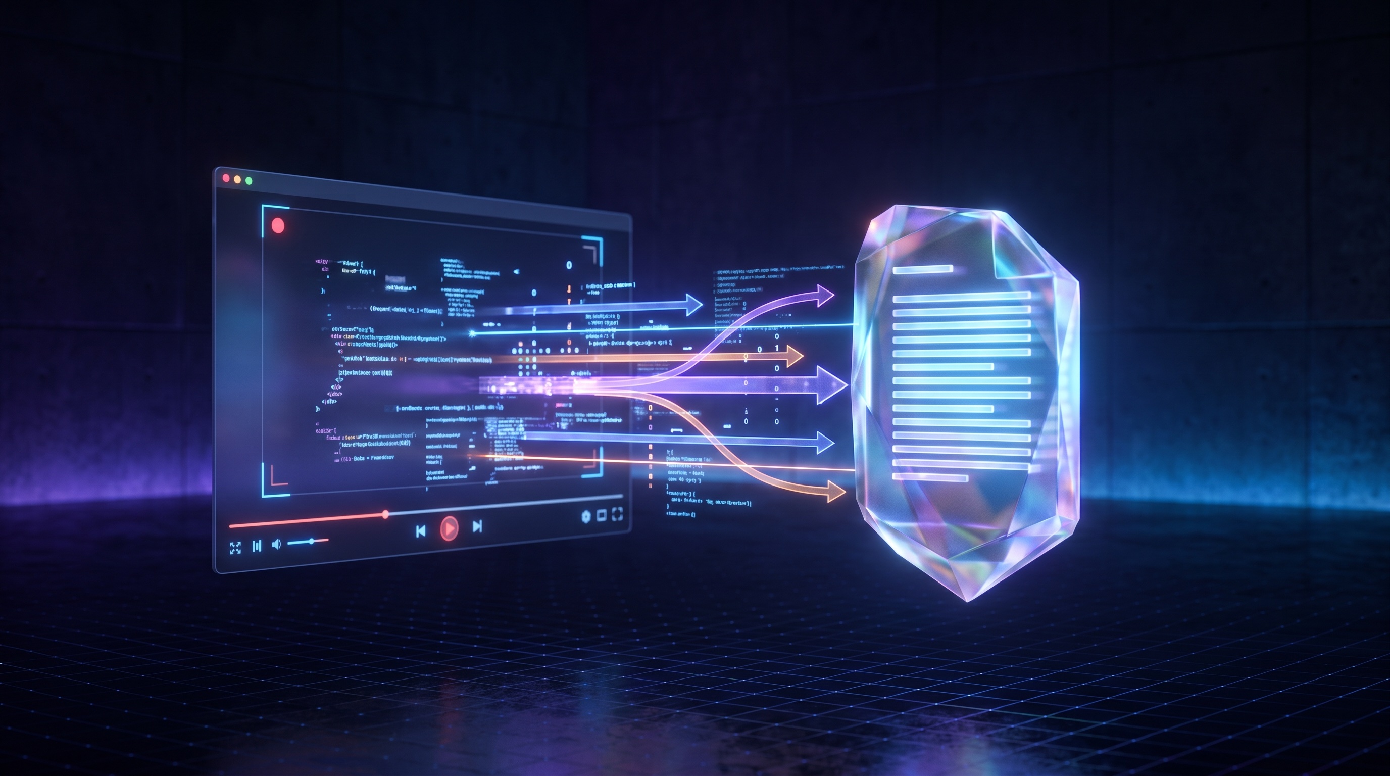 A screen recording interface with code fragments flowing into a crystallized skill document — representing demonstration-capture as the new paradigm for agent memory