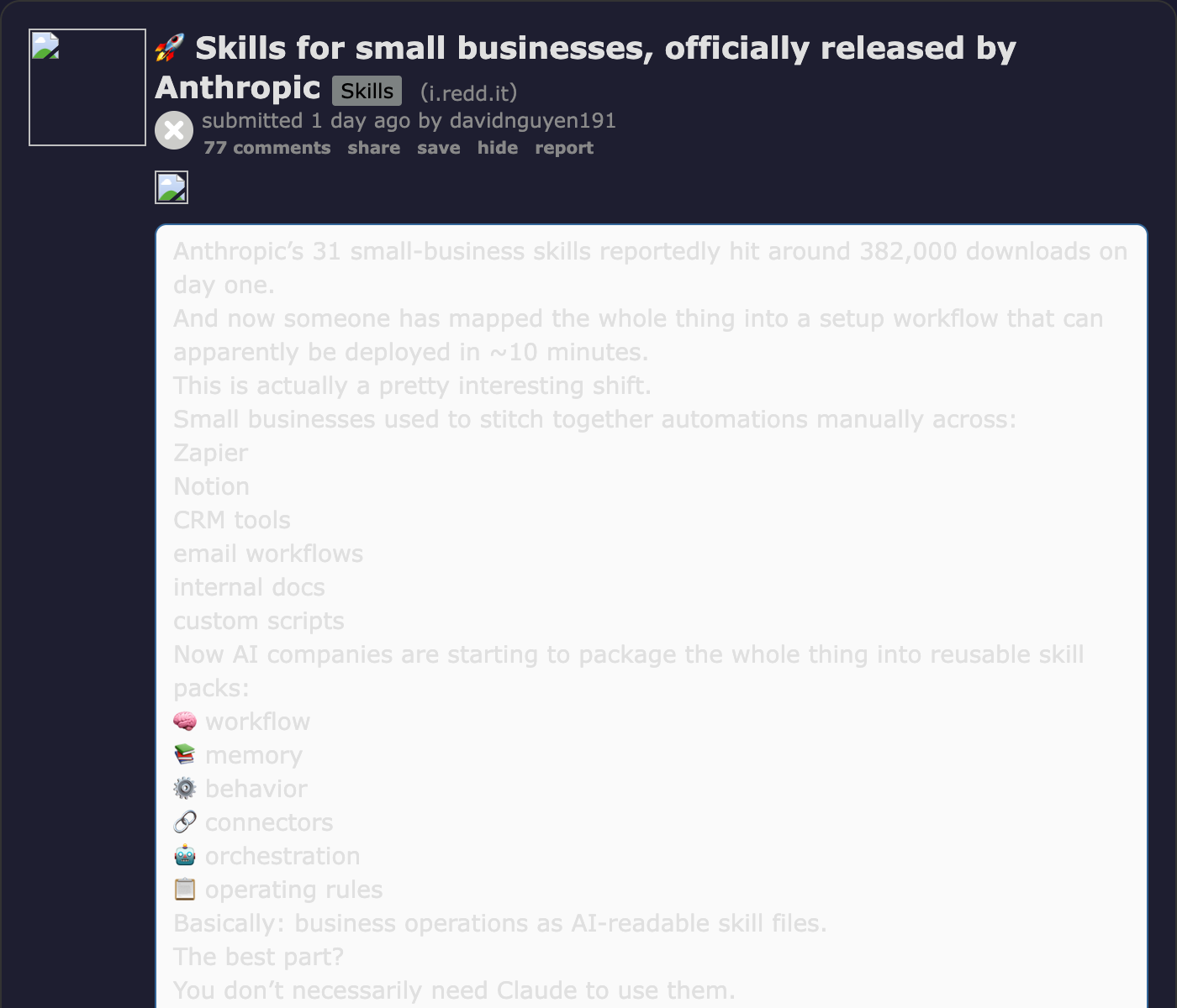 Reddit r/ClaudeAI thread titled 'Skills for small businesses, officially released by Anthropic' at 1,685 upvotes and 74 comments, with the top comment noting the bundle reportedly hit ~382,000 downloads on day one