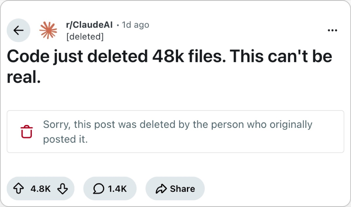 Reddit r/ClaudeAI post — Code just deleted 48k files, 4,043 points, 1,244 comments