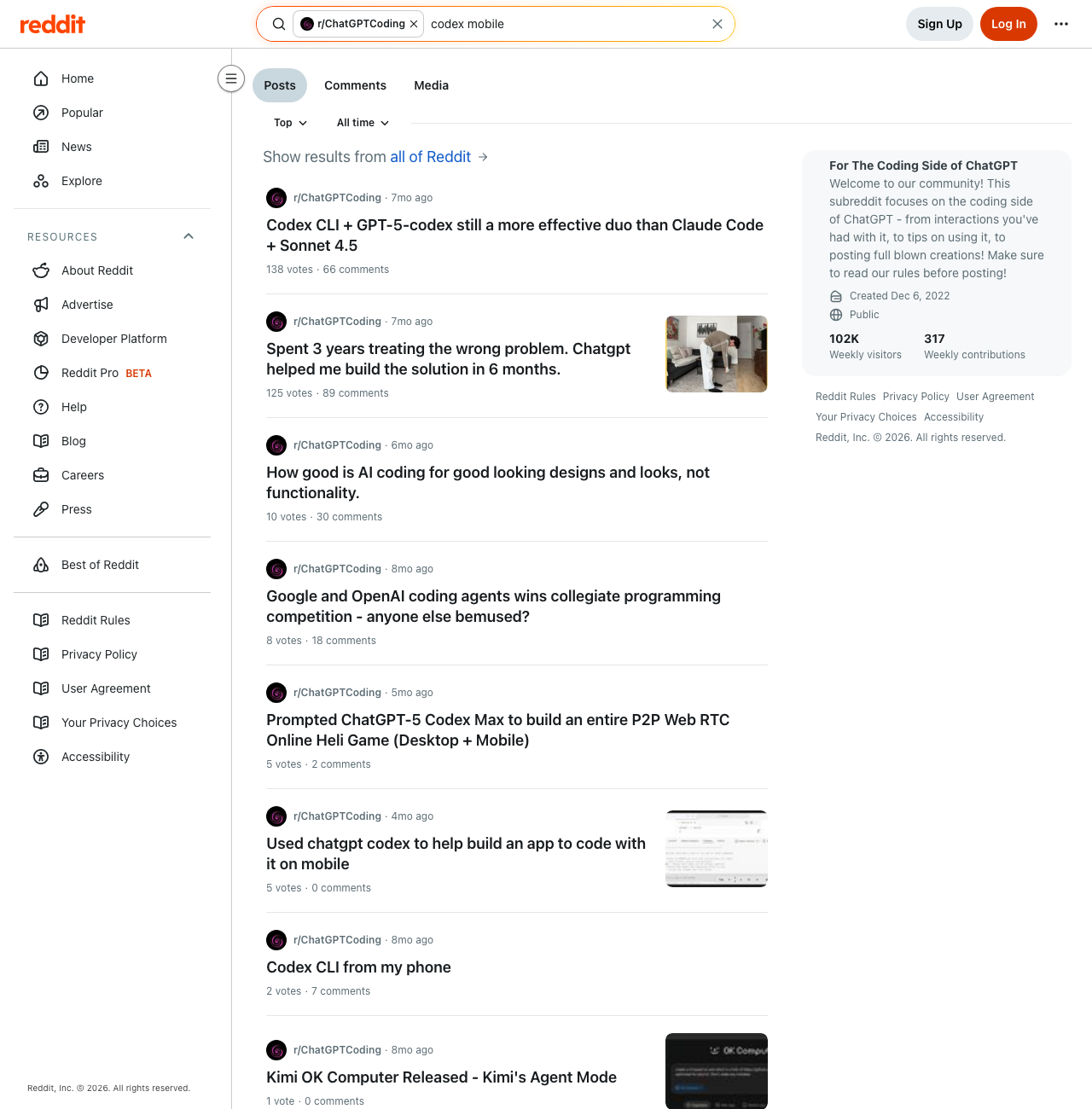 r/ChatGPTCoding search results — developer discussion threads about Codex mobile