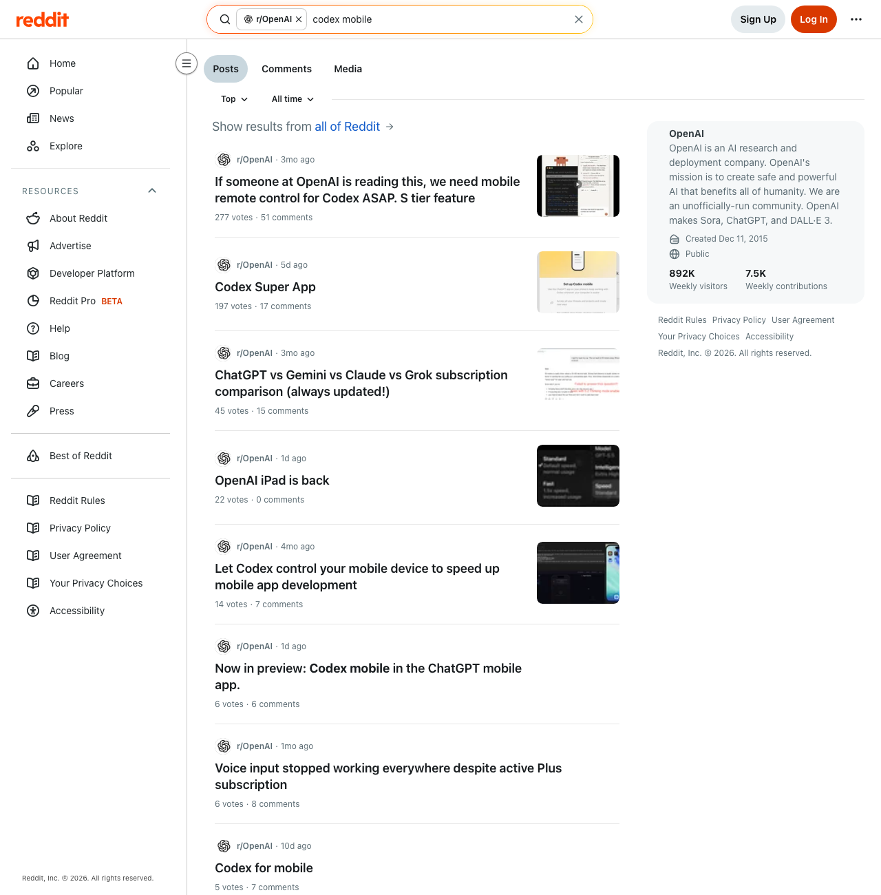 r/OpenAI search results — Codex mobile launch threads dominating top posts