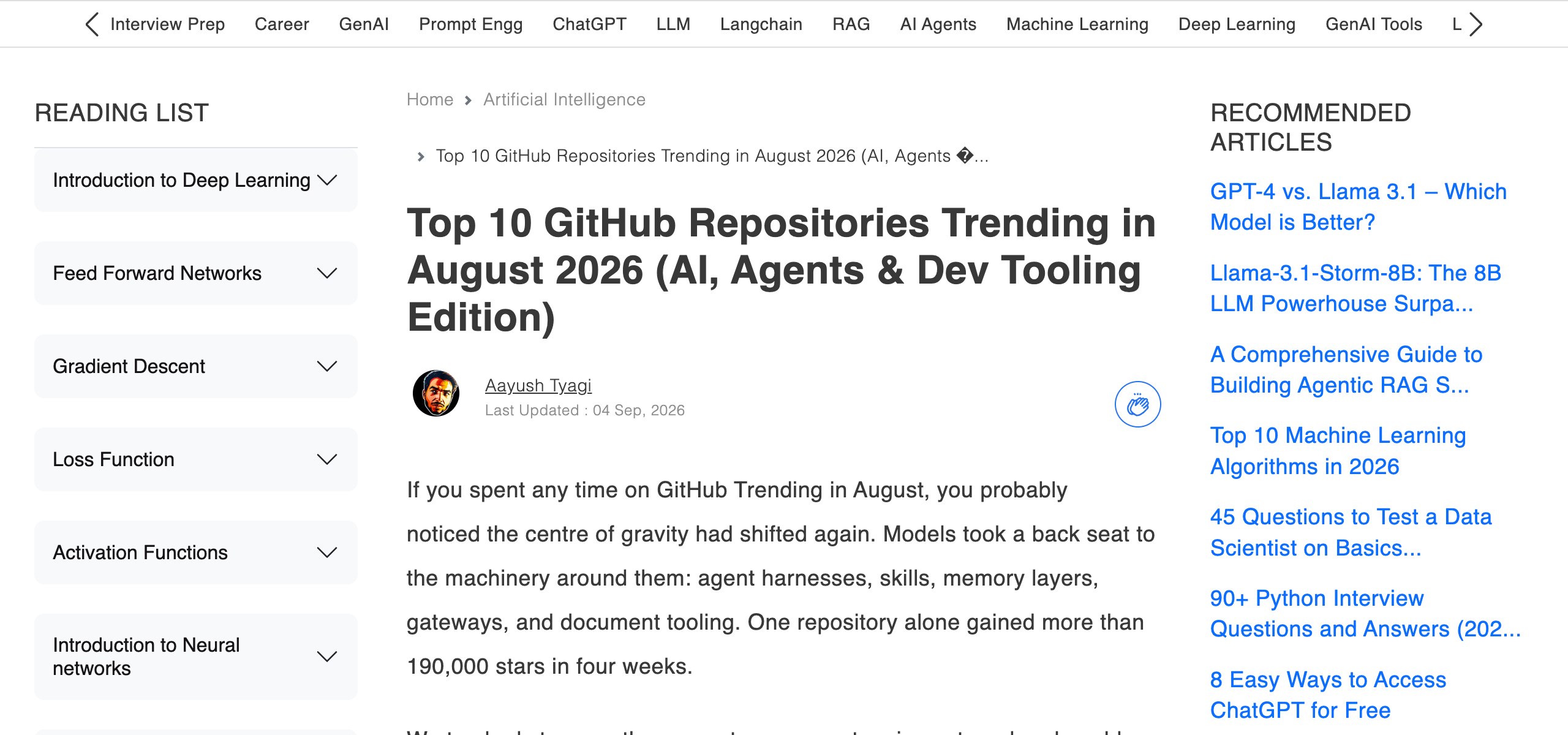 Analytics Vidhya article — Top 10 GitHub Repositories Trending in August 2026 — showing agent harnesses and skills repos dominating the trending chart