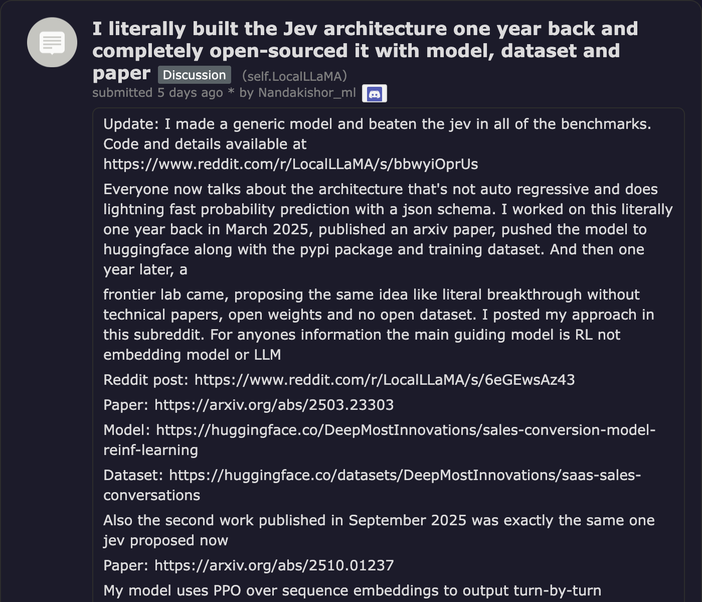 r/LocalLLaMA post I literally built the Jev architecture one year back, linking the author's March 2025 arXiv paper, model and dataset