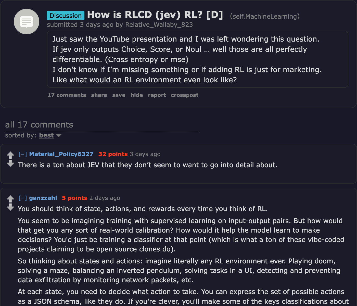 r/MachineLearning thread How is RLCD (jev) RL?, with ganzzahl arguing that states, actions and rewards, not supervised input-output pairs, are what produce real-world calibration