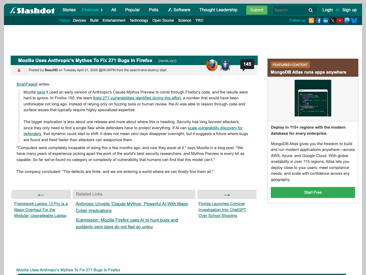 Slashdot community discussion — Mozilla Uses Anthropic's Mythos To Fix 271 Bugs In Firefox, 200+ comments