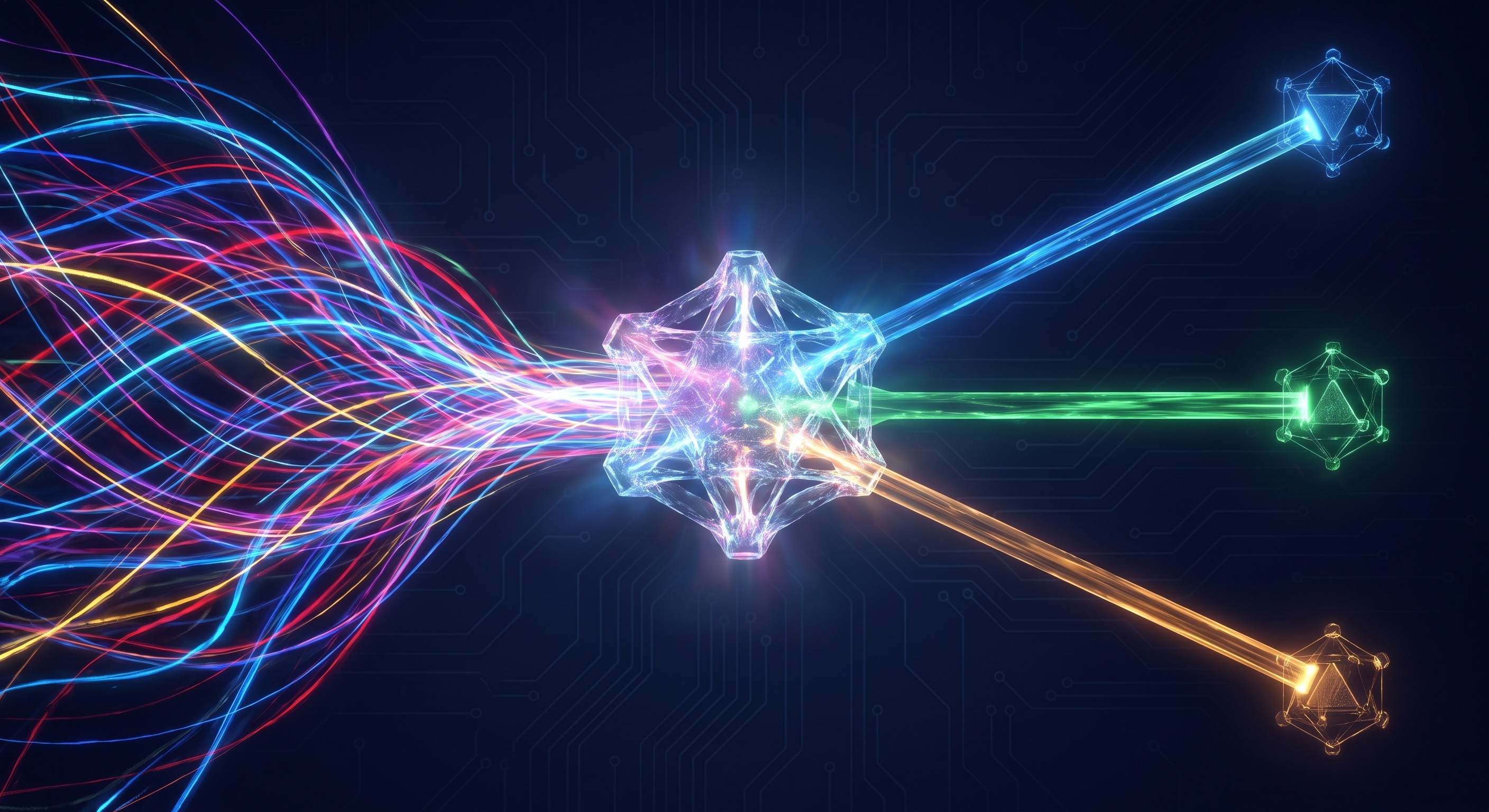 A glowing neural routing hub splitting incoming data streams into three clean typed output beams against a dark background