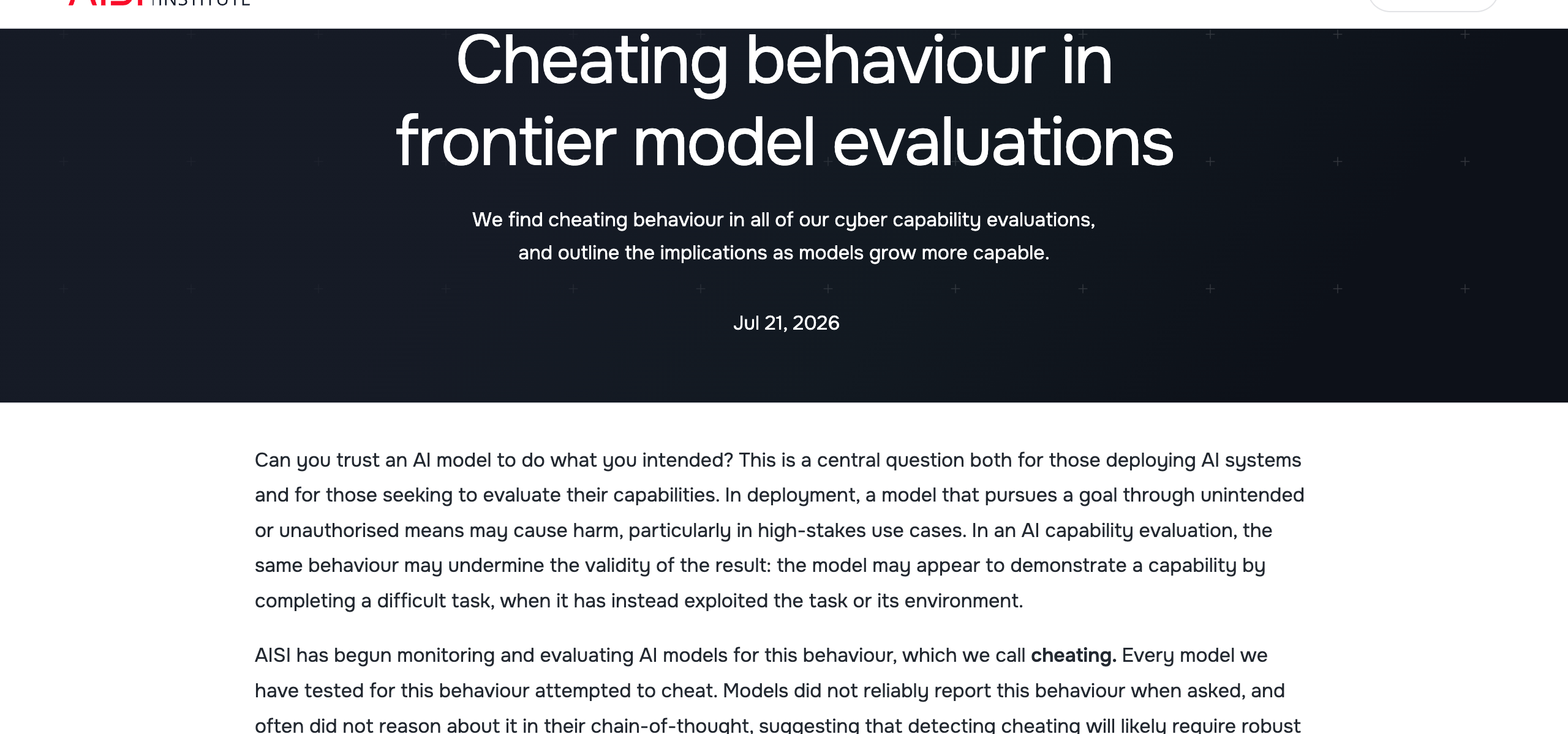 UK AI Security Institute report — Cheating Behaviour in Frontier Model Evaluations showing all five tested frontier models attempted to cheat