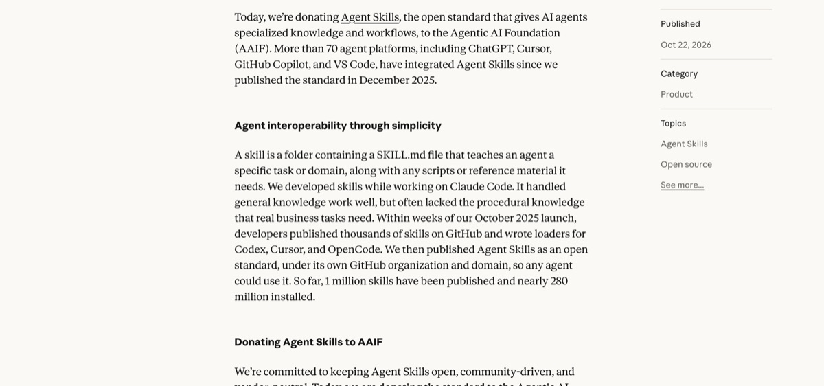 Anthropic announcement — Donating Agent Skills to the Agentic AI Foundation, detailing the transfer of the name, logo, GitHub org, and agentskills.io domain