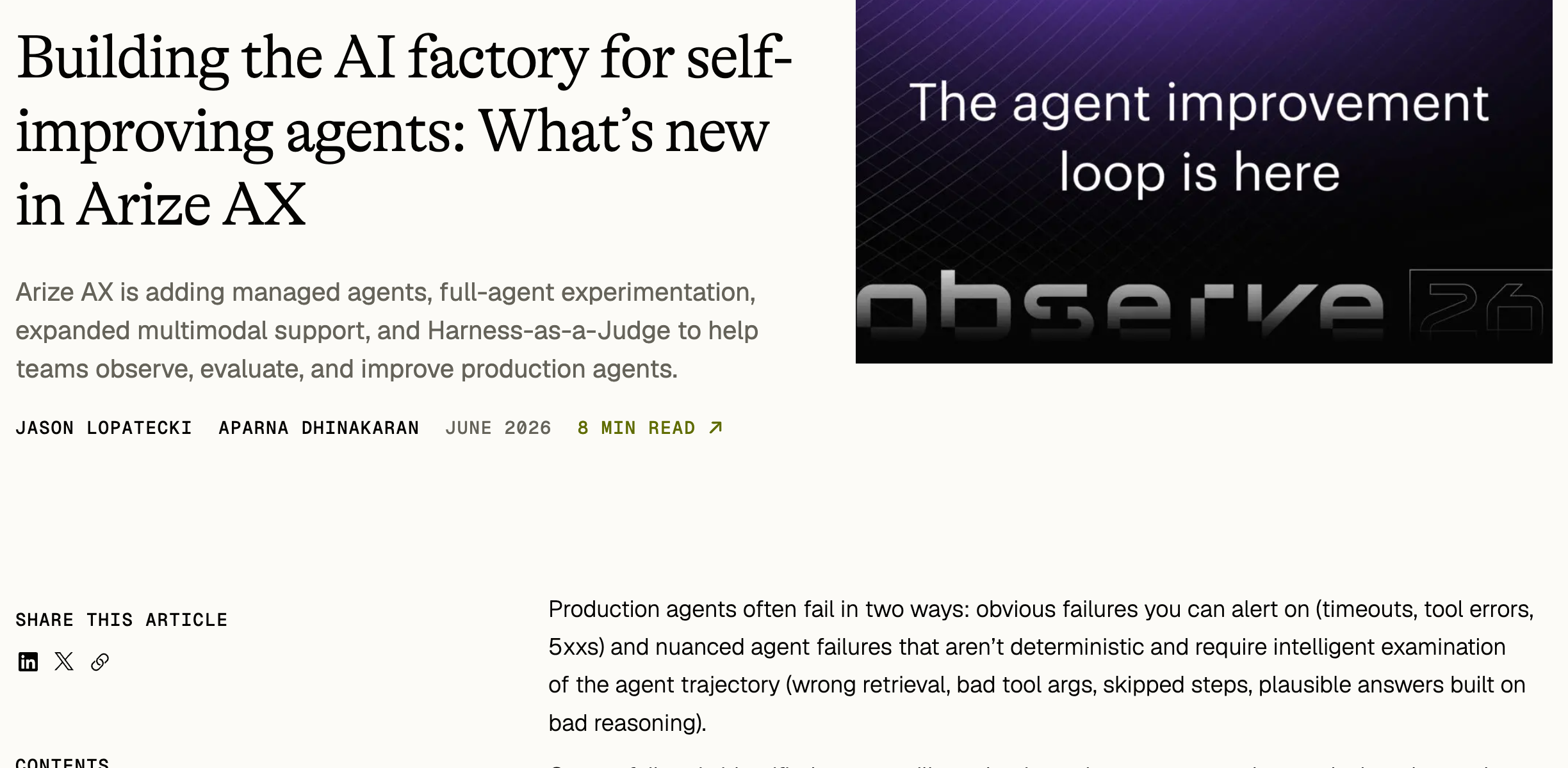 Arize — Building the AI factory for self-improving agents, production observability