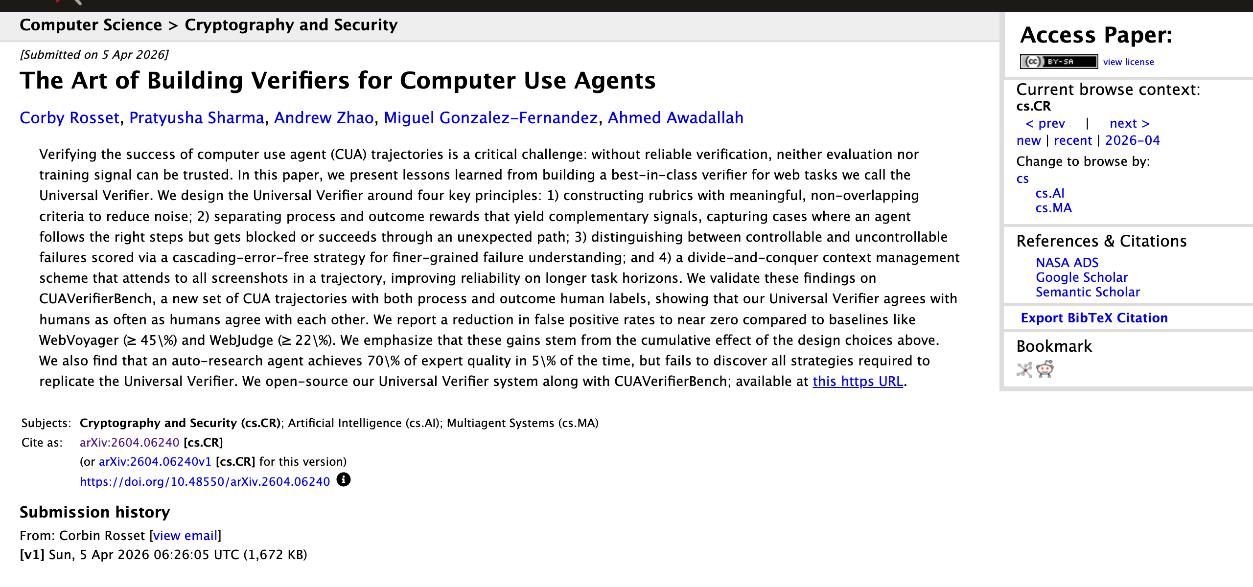 arXiv paper — The Art of Building Verifiers for Computer Use Agents — by Rosset, Sharma, Zhao, Gonzalez-Fernandez, and Awadallah, April 2026