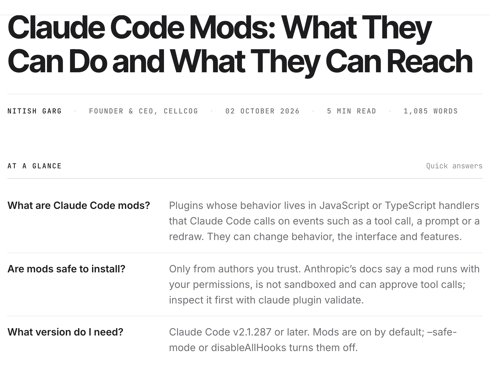 cellcog.ai deep-dive analysis of Claude Code Mods capabilities and security model