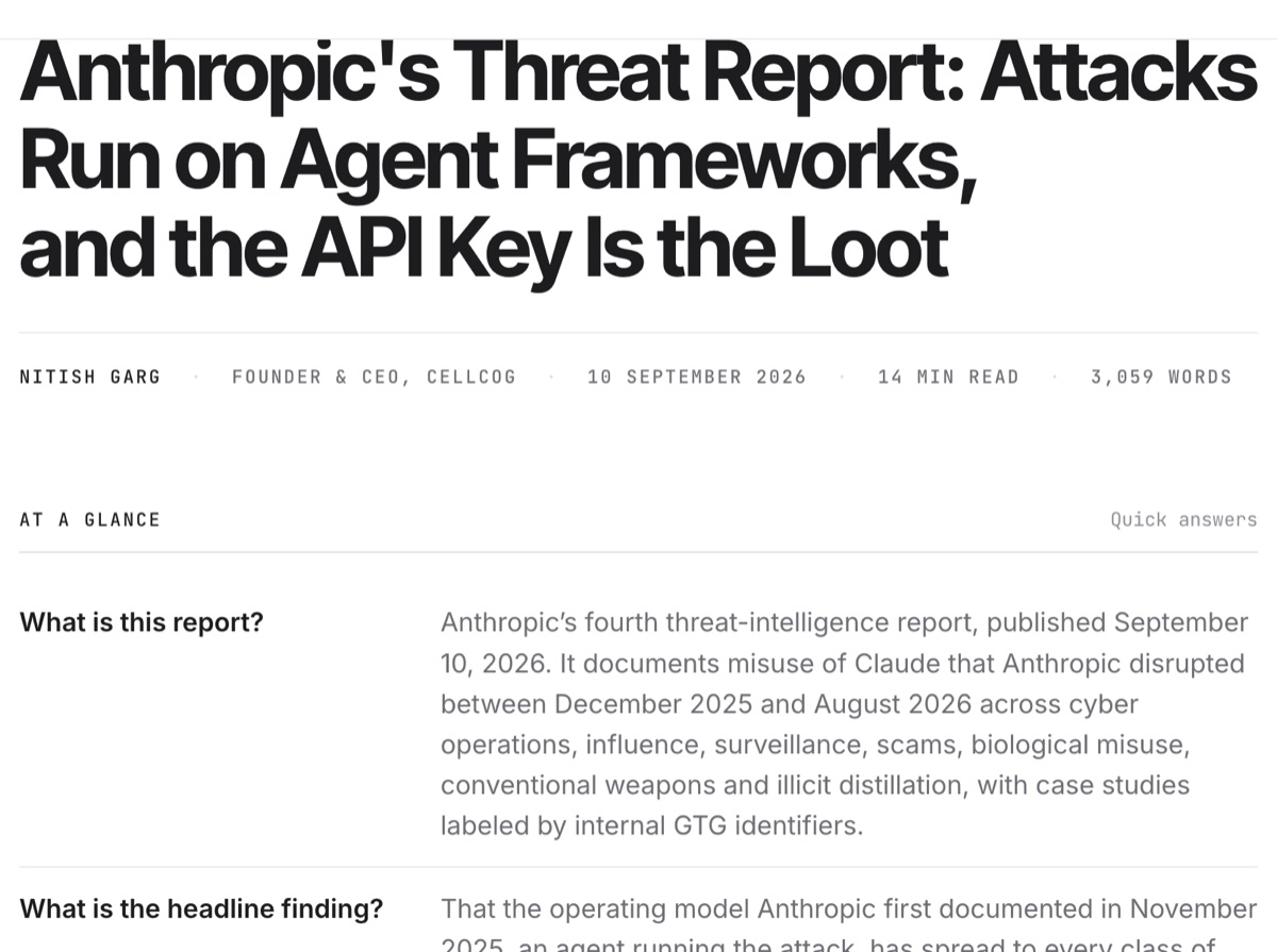 CellCog blog — Anthropic's Threat Report: Attacks Run on Agent Frameworks, and the API Key Is the Loot