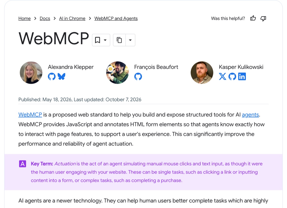 Chrome for Developers WebMCP documentation — proposed web standard to help build and expose structured tools for AI agents