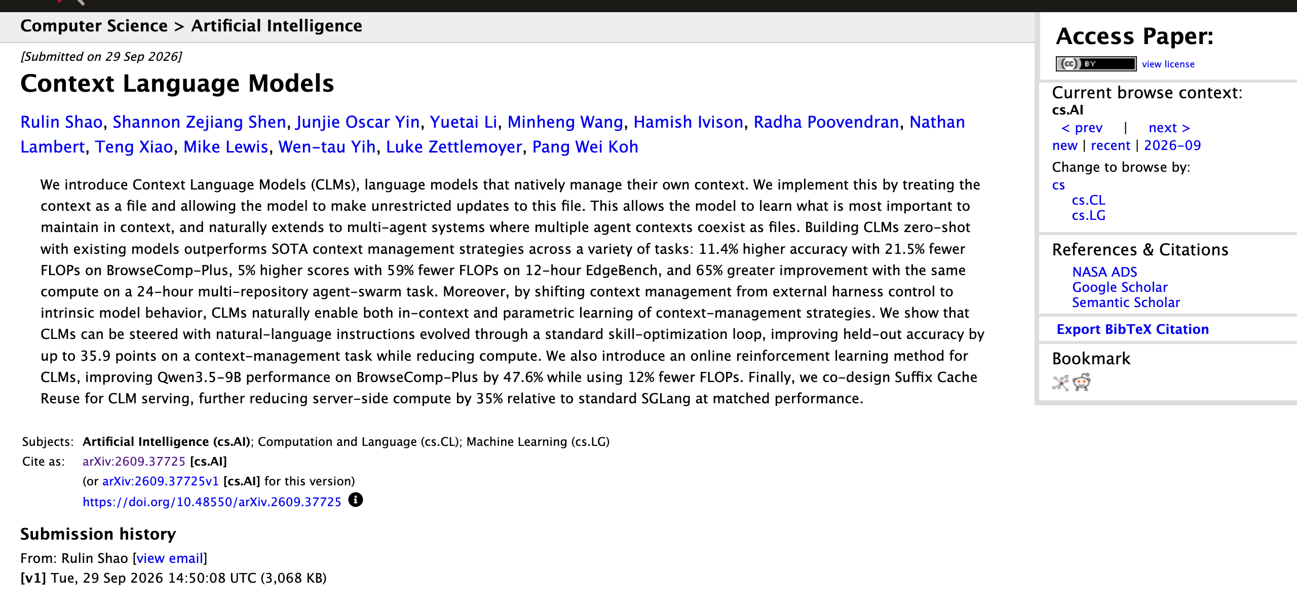 arXiv abstract page for Context Language Models paper by Shao et al. — UW, MIT, Meta Superintelligence Labs, and Trillium