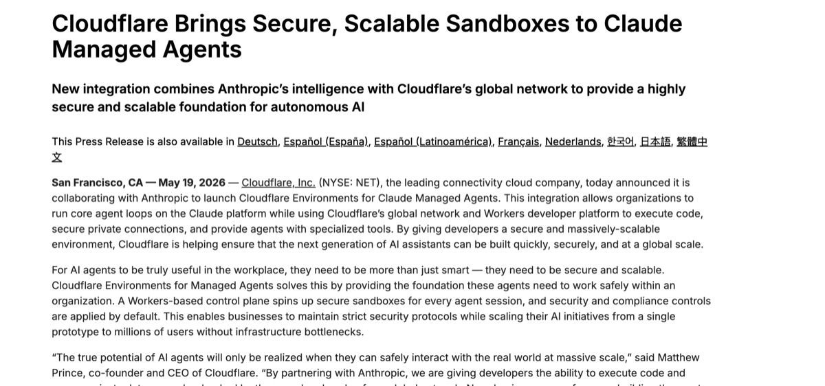 Cloudflare press release announcing secure scalable sandboxes for Claude Managed Agents