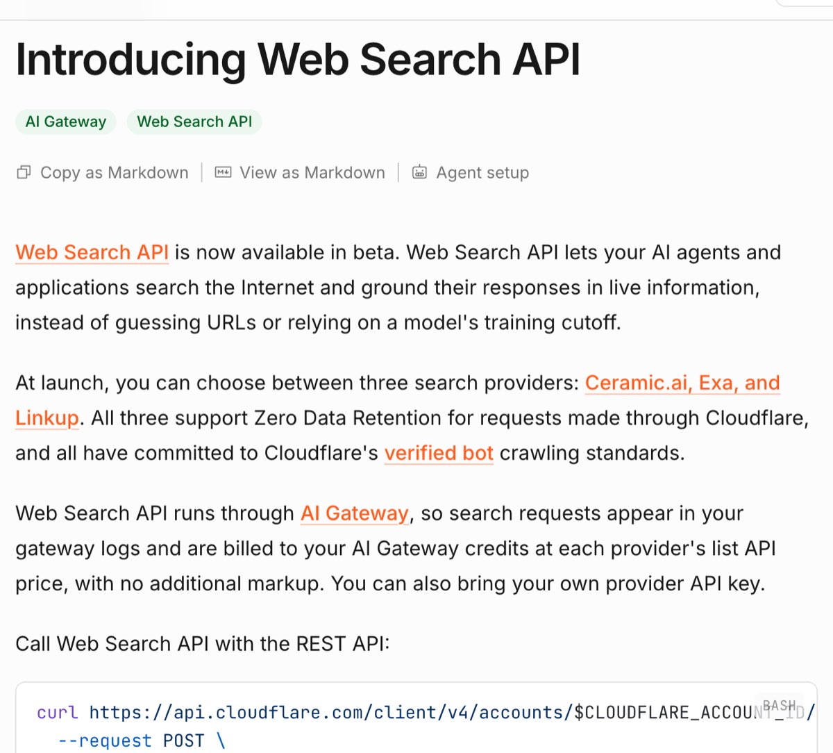 Cloudflare developer changelog announcing the Web Search API launch on October 2, 2026