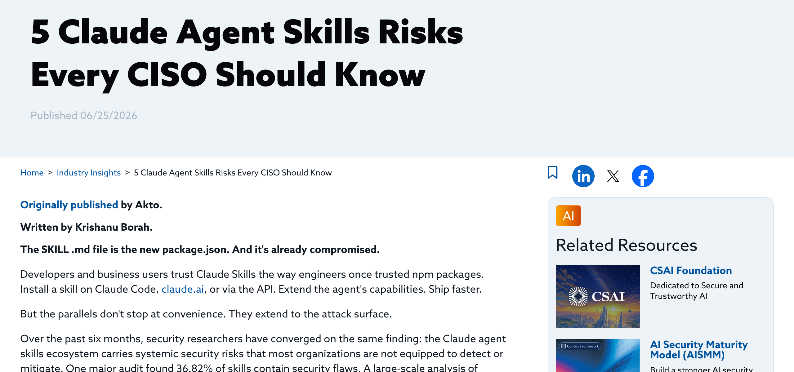 Cloud Security Alliance — 5 Claude Agent Skills Risks Every CISO Should Know