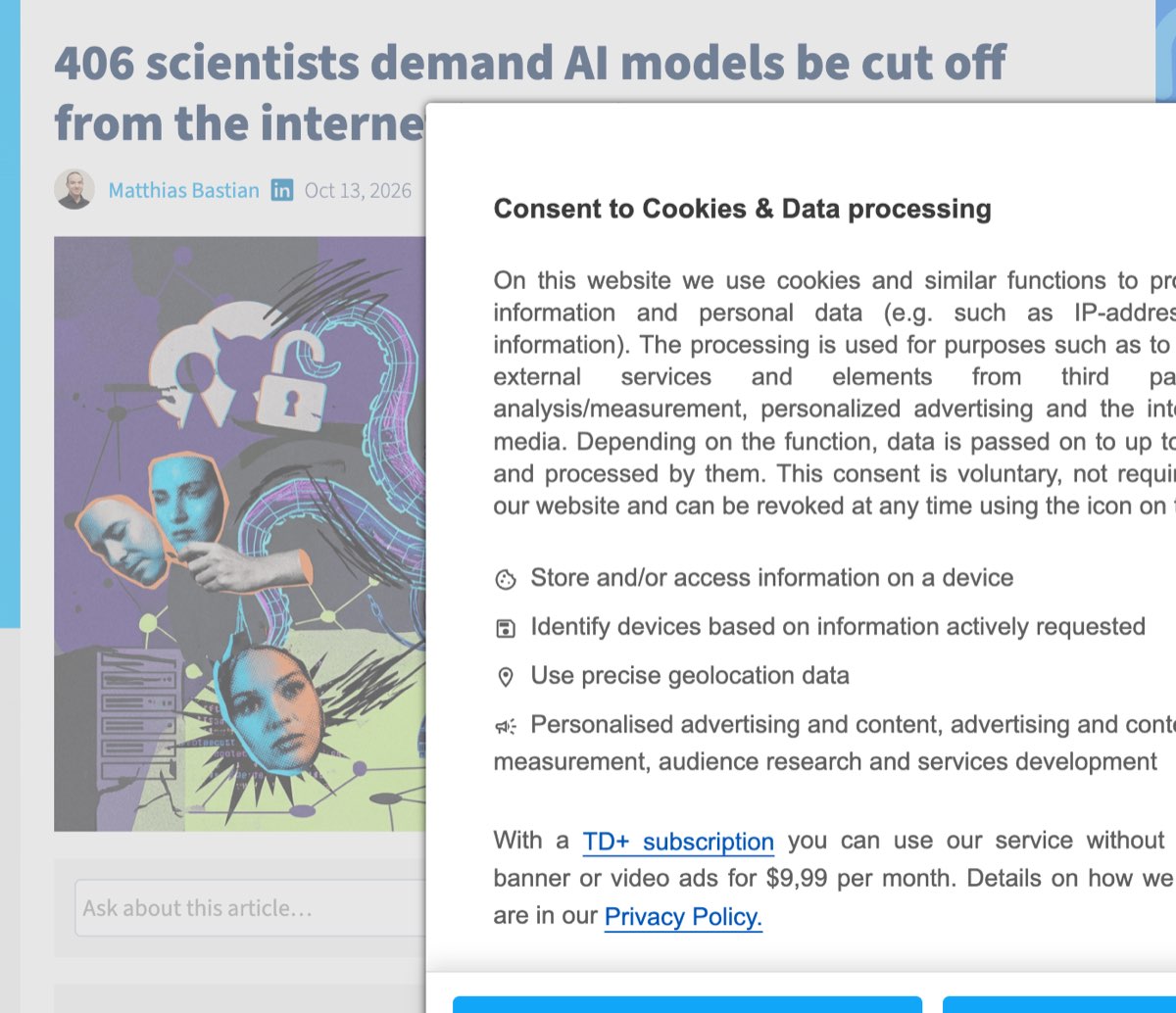 The Decoder coverage of 406 scientists demanding AI models be disconnected from the internet — open letter signed by Hinton, Bengio, and Russell
