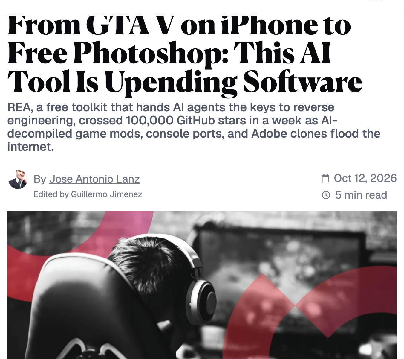 Decrypt article — From GTA V on iPhone to Free Photoshop: This AI Tool Is Upending Software