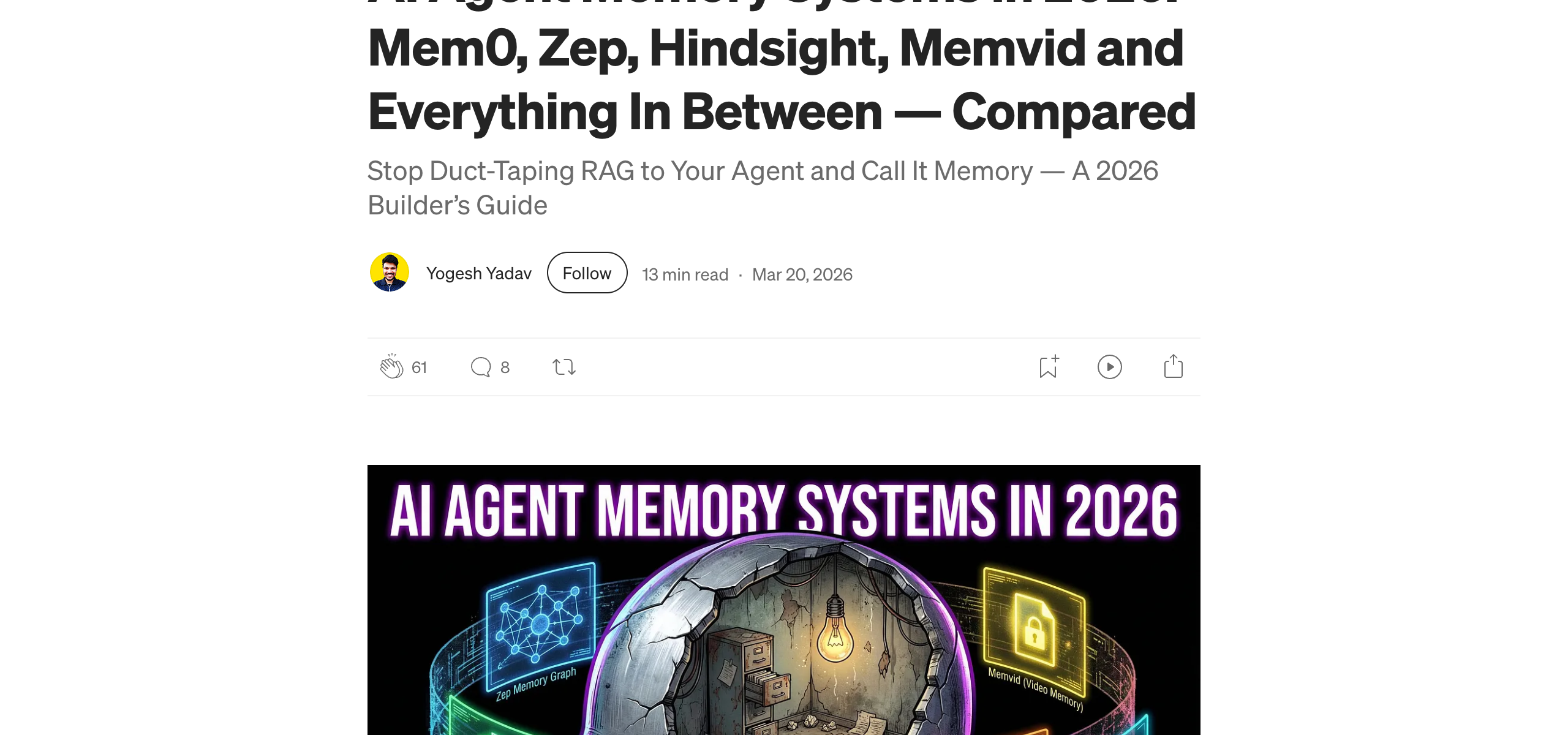 DevGenius comparison of AI agent memory systems — Mem0, Zep, Hindsight, Memvid compared