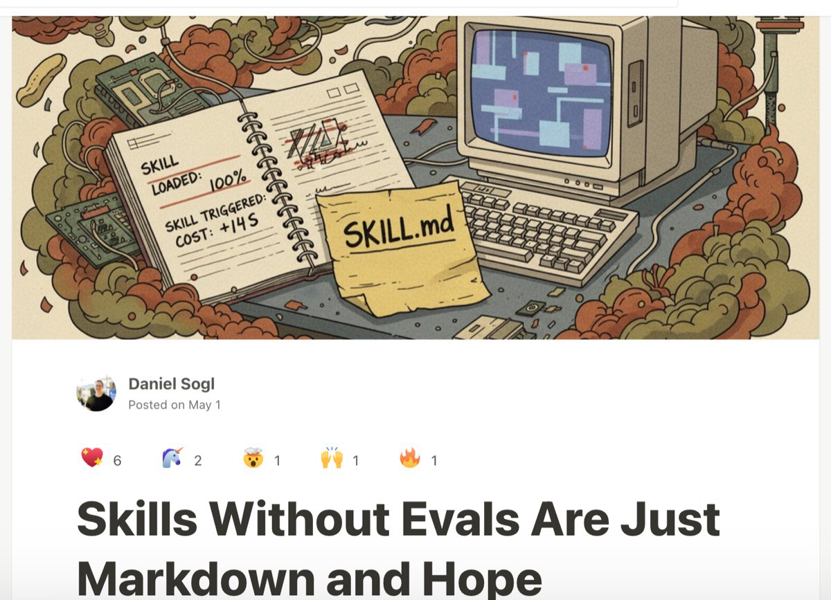 Dev.to article — Skills Without Evals Are Just Markdown and Hope, analysis showing curated evaluated skills raised pass rates by 16.2 percentage points
