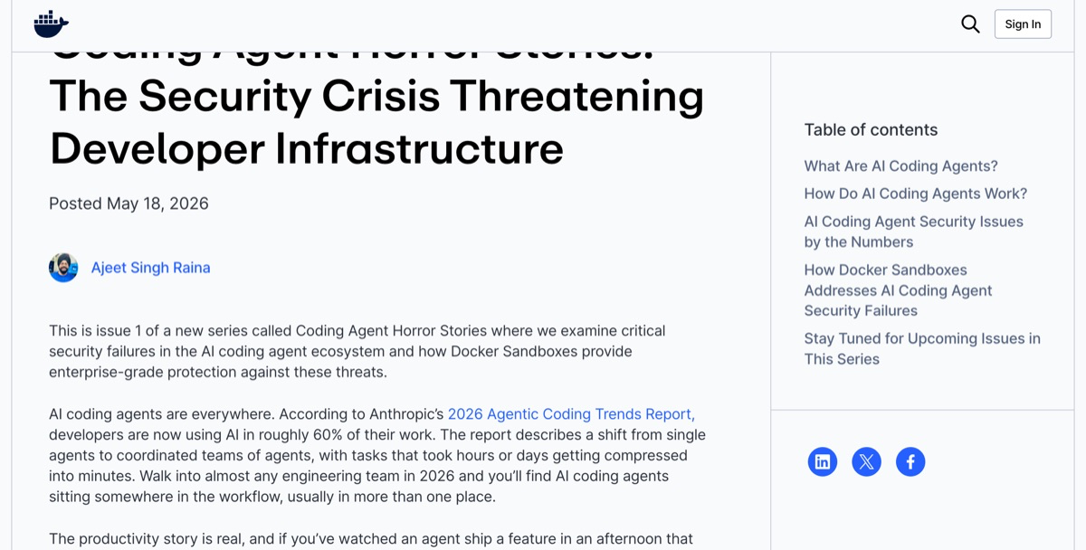 Docker blog — AI Coding Agent Horror Stories: Security Risks Explained