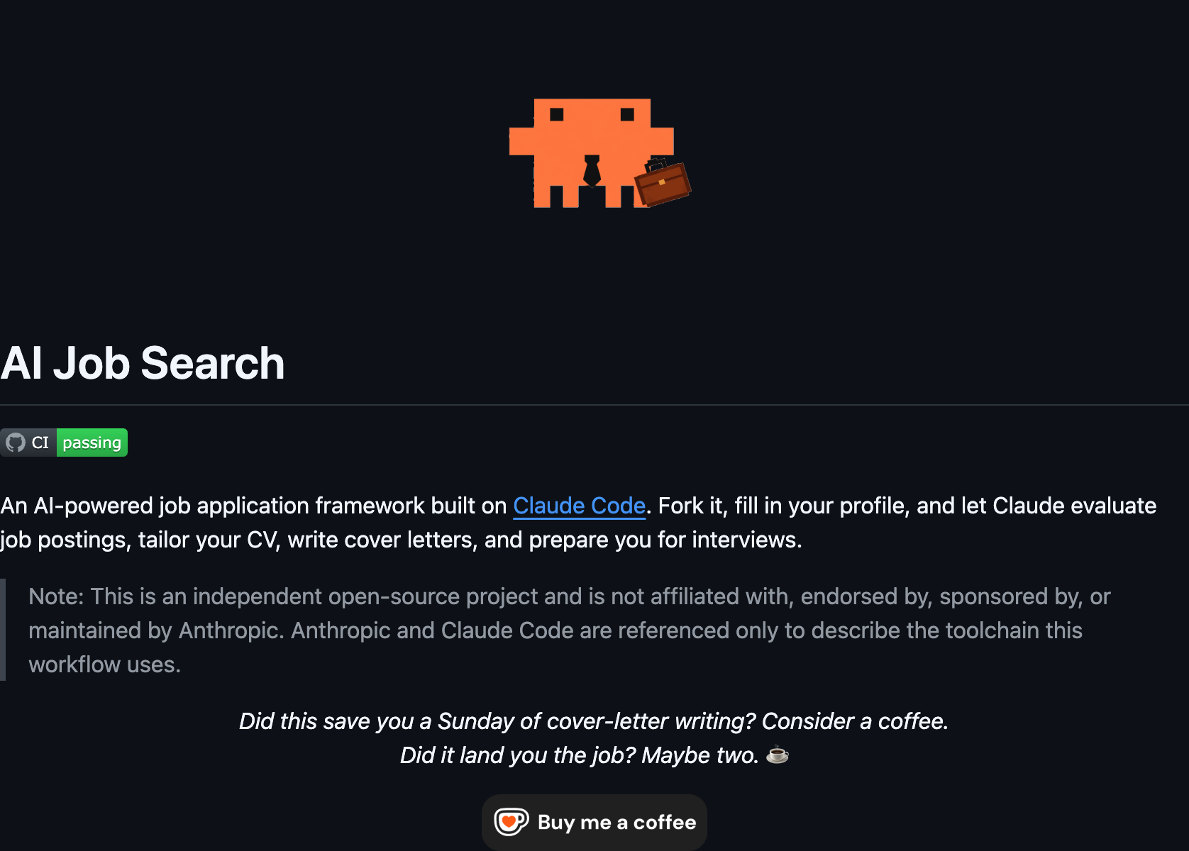 MadsLorentzen/ai-job-search GitHub repository with 19.5K stars — AI-powered job application framework built on Claude Code