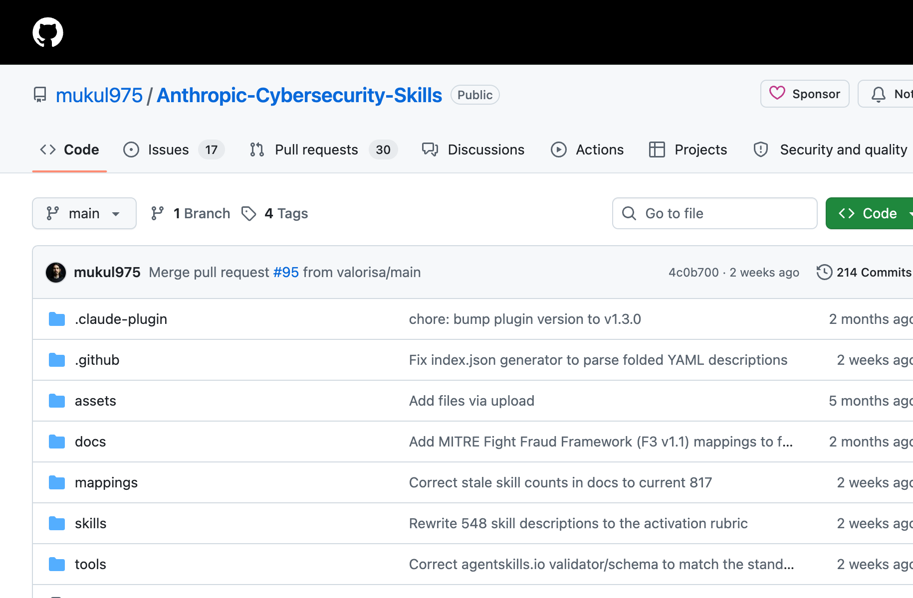 Anthropic-Cybersecurity-Skills GitHub repository — 29.3K stars, 817 structured cybersecurity skills for AI agents mapped to 6 frameworks