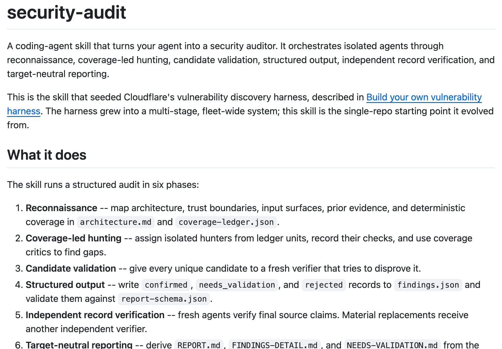 Cloudflare security-audit-skill GitHub repository — 46K stars, multi-phase security audits