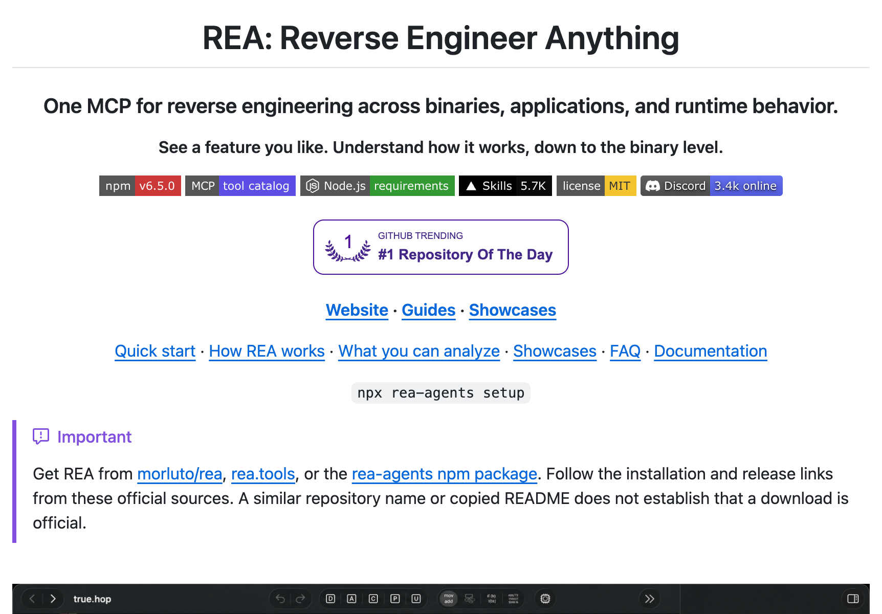 GitHub repository page for morluto/rea showing star count and repository description