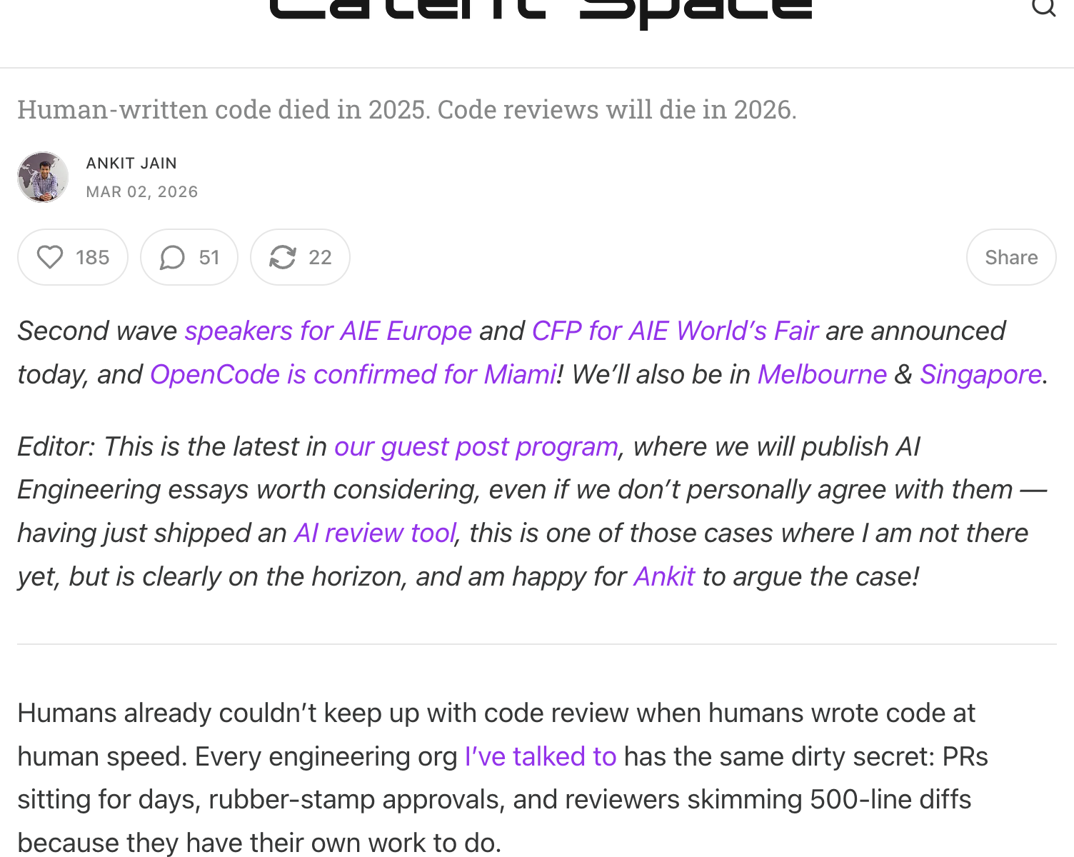 Latent.Space — How to Kill the Code Review, March 2026, Ankit Jain's five-layer trust model for replacing code review