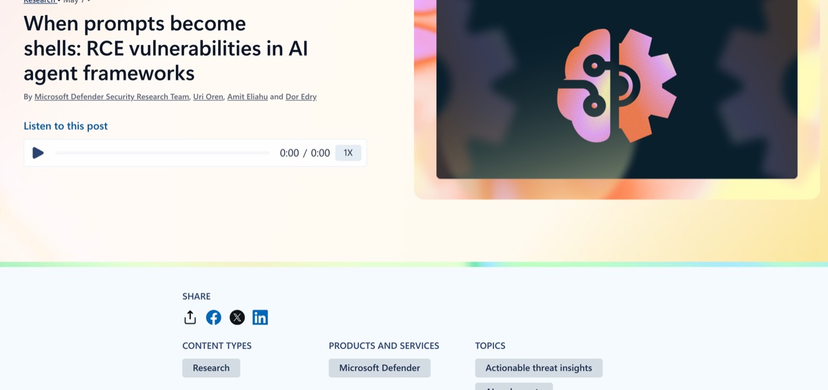 Microsoft Security Blog — When Prompts Become Shells: RCE Vulnerabilities in AI Agent Frameworks, detailing CVE-2026-26030 and CVE-2026-25592