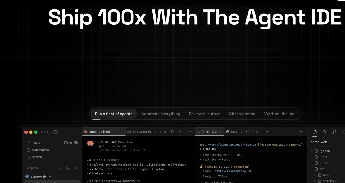 Orca ADE official website — Ship 100x With The Agent IDE