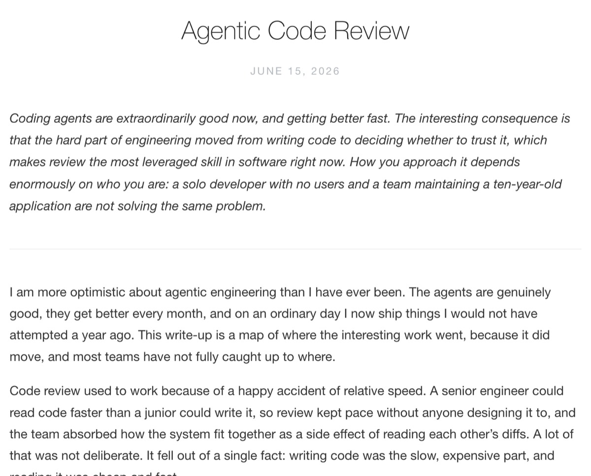 Addy Osmani blog — Agentic Code Review: reviewing code whose author cannot explain itself