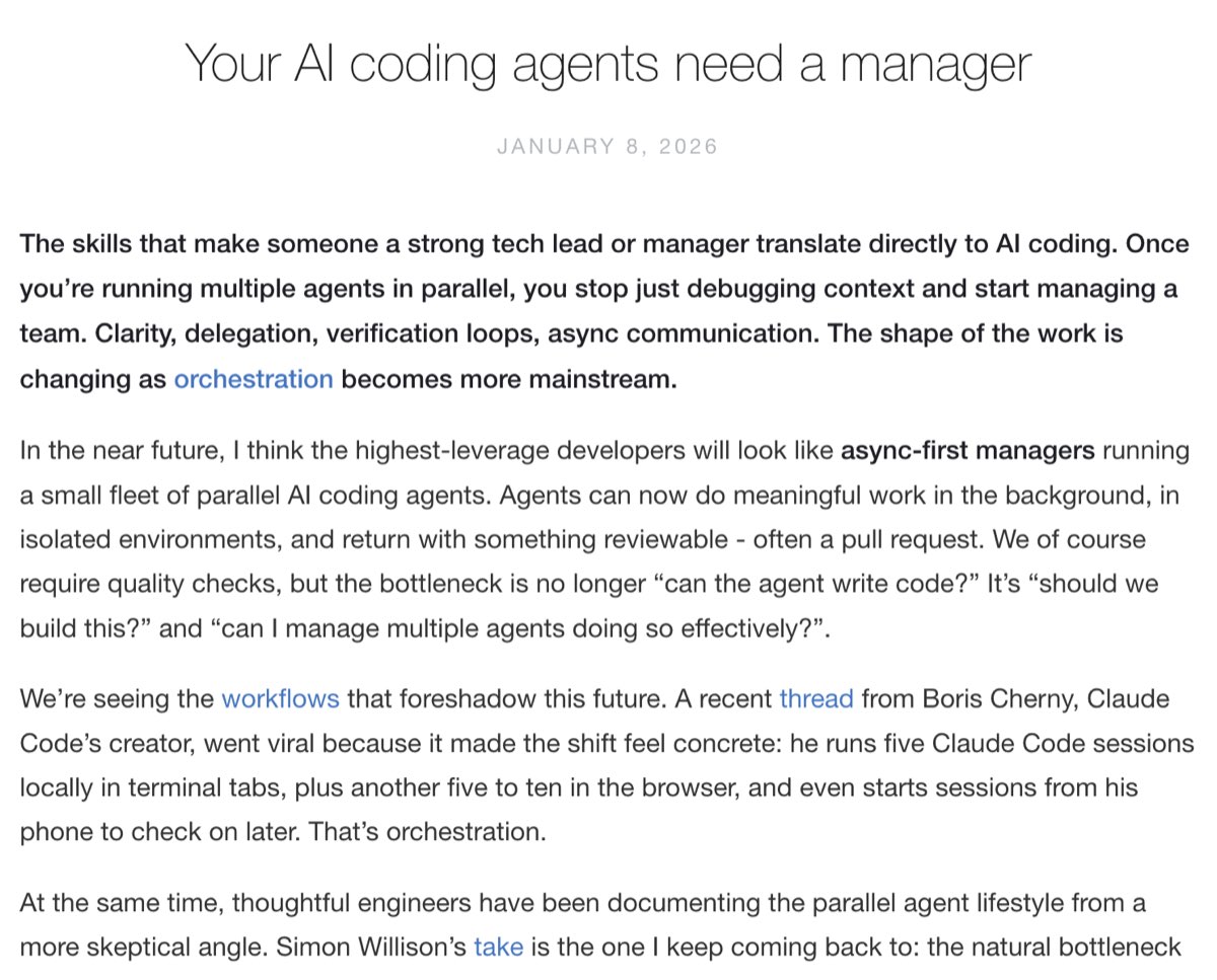 Addy Osmani's blog post on AI coding agents needing a manager — frameworks for operating parallel agent sessions
