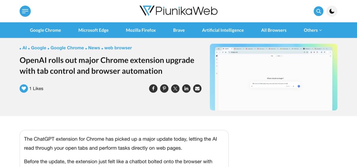 PiunikaWeb coverage — OpenAI rolls out major Chrome extension upgrade with tab control and browser automation