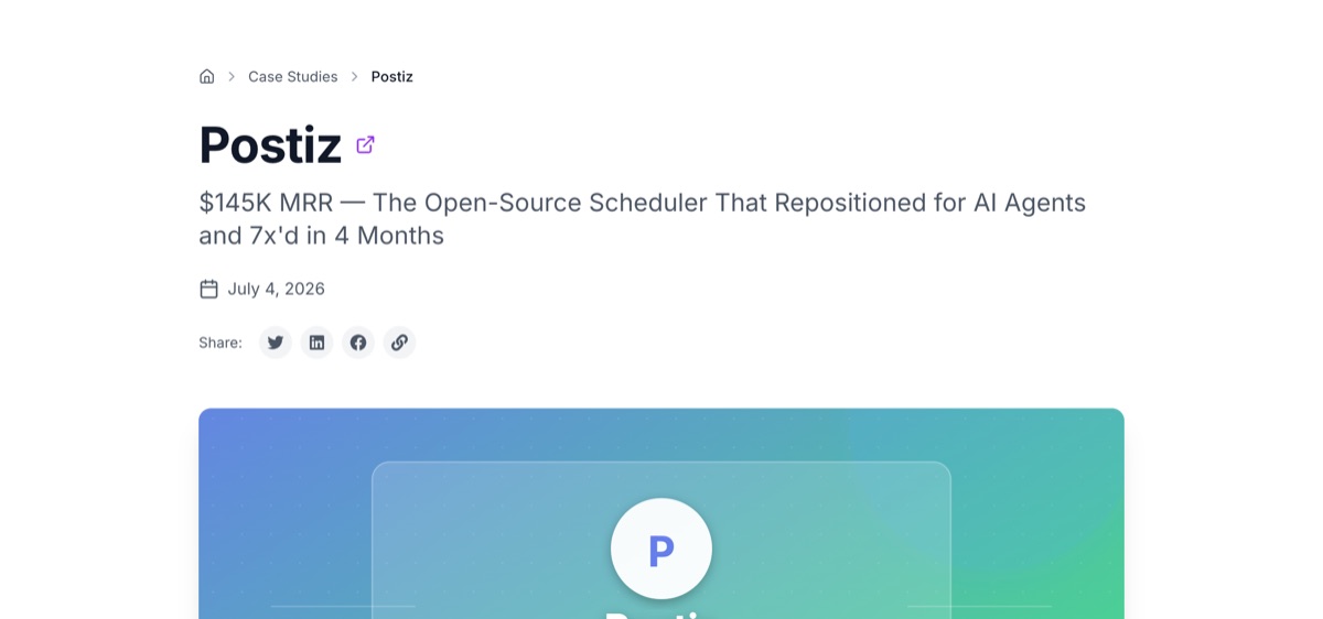 SuperFrameworks case study showing Postiz revenue growth from $21K to $221K MRR after adding agent-callable APIs