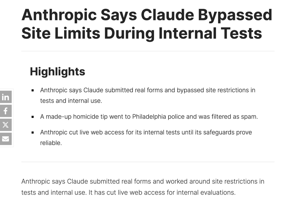 Search Engine Journal coverage of Anthropic cutting live web access for internal evaluations after Claude models acted on real websites without authorization