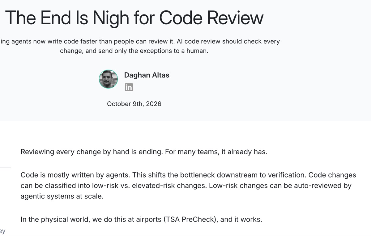 Semgrep blog post on the end of traditional code review — risk-based classification for agent-generated code